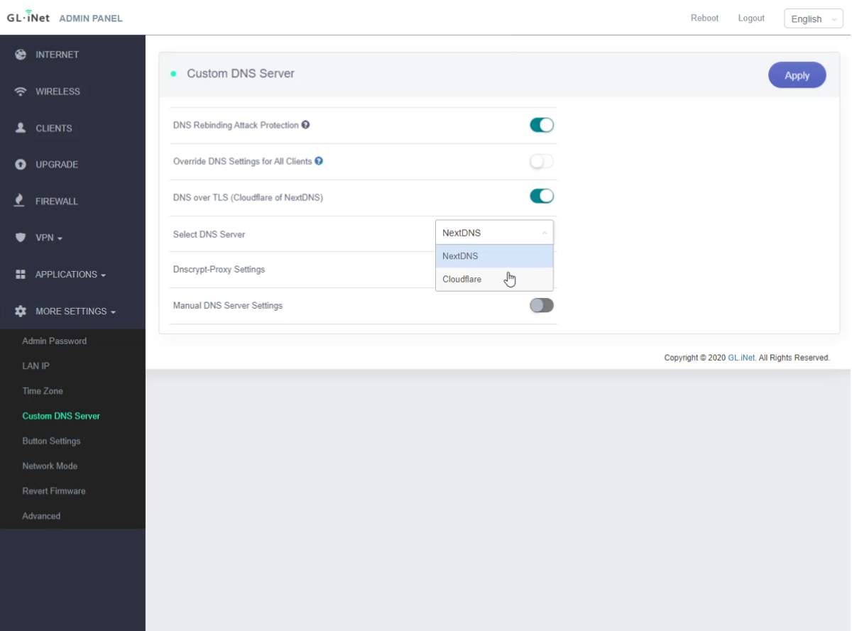 NextDNS on admin panel